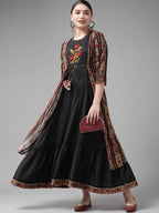 Yufta Women Black & Red Solid Embroidered Detail A-Line Maxi Dress with Ethnic Jacket | Grocsy