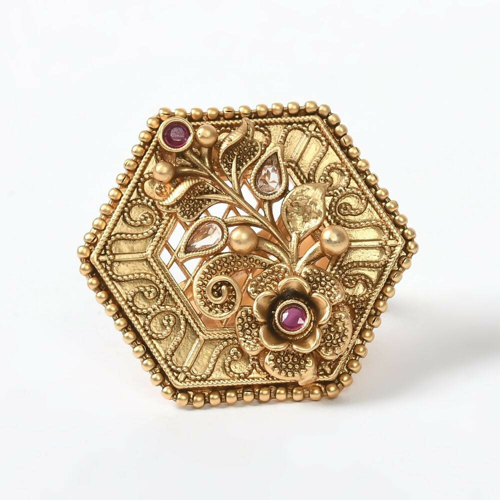 Mominos Fashion Joharkamal Gold-Polished Stone Studded Adjustable Finger Ring - Design 11 | Grocsy