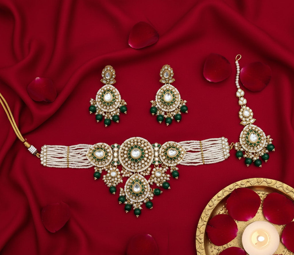 Jewel City Green Kundan & Pearl Choker Set: Handcrafted Gold-Plated Indian Bridal Jewelry with Maang Tikka | Grocsy