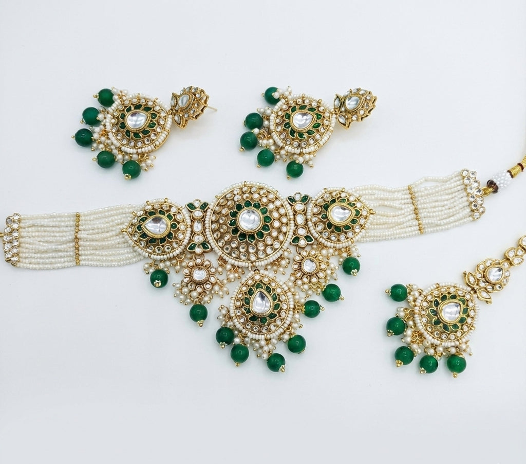 Jewel City Green Kundan & Pearl Choker Set: Handcrafted Gold-Plated Indian Bridal Jewelry with Maang Tikka | Grocsy
