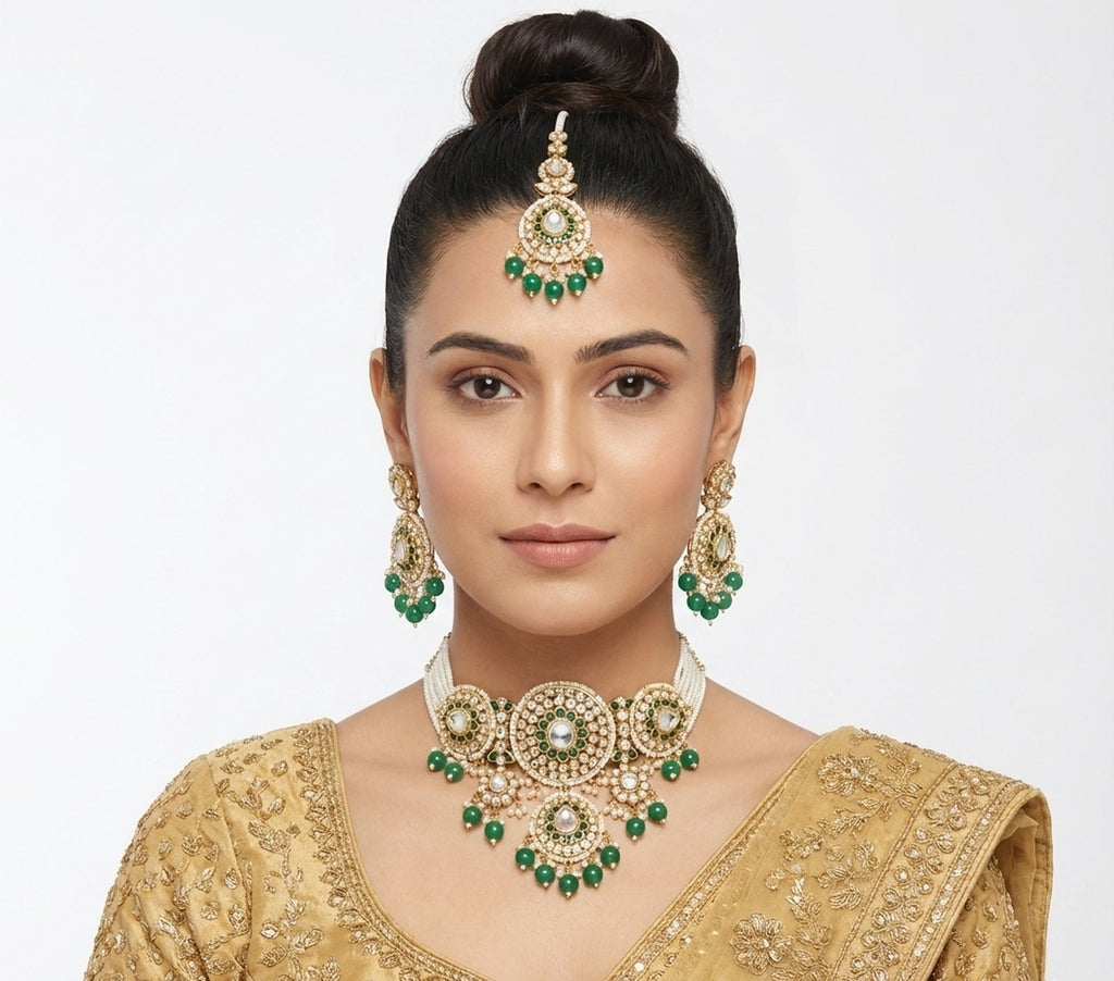 Jewel City Green Kundan & Pearl Choker Set: Handcrafted Gold-Plated Indian Bridal Jewelry with Maang Tikka | Grocsy