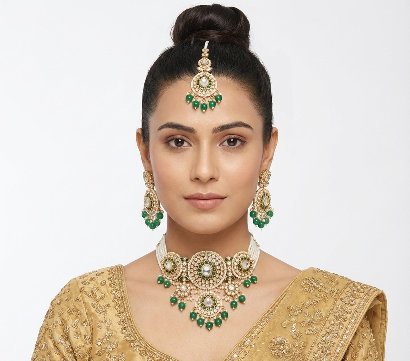Jewel City Green Kundan & Pearl Choker Set: Handcrafted Gold-Plated Indian Bridal Jewelry with Maang Tikka | Grocsy