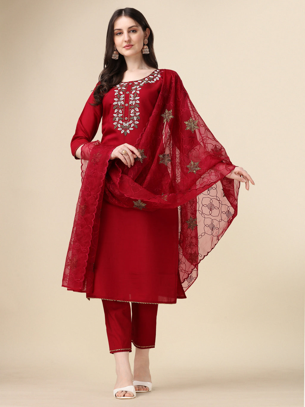 Embroidered Kurta With Pant And Organza Dupatta Set, Multicolor - Hiral Fashion | Grocsy