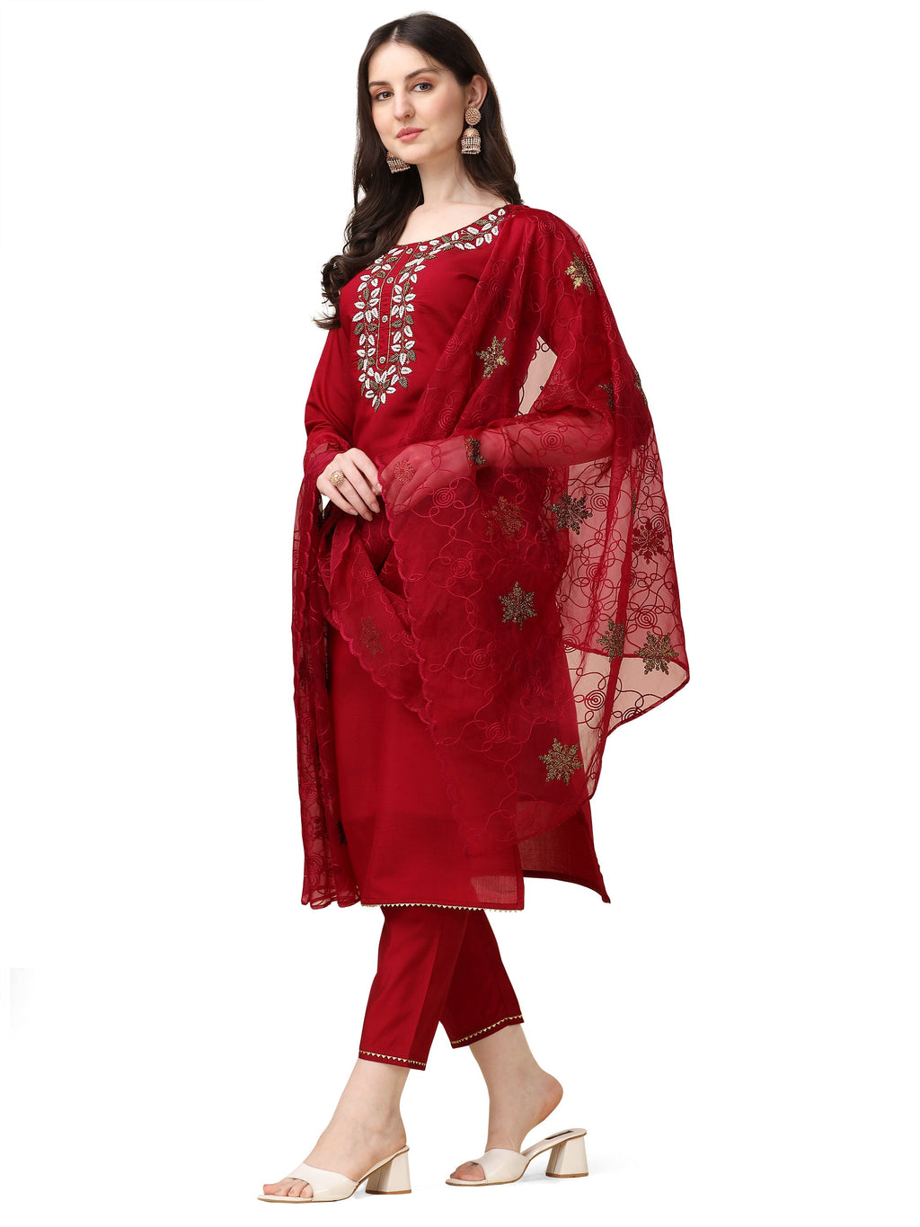 Embroidered Kurta With Pant And Organza Dupatta Set, Multicolor - Hiral Fashion | Grocsy