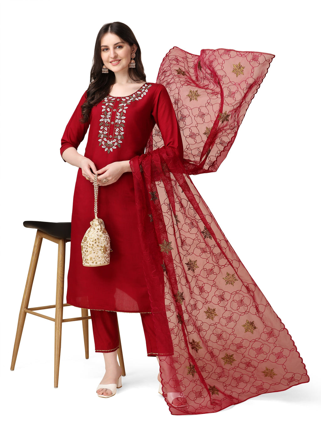 Embroidered Kurta With Pant And Organza Dupatta Set, Multicolor - Hiral Fashion | Grocsy