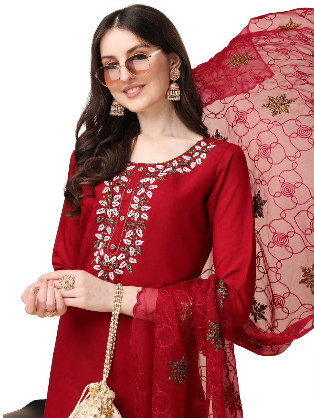 Embroidered Kurta With Pant And Organza Dupatta Set, Multicolor - Hiral Fashion | Grocsy