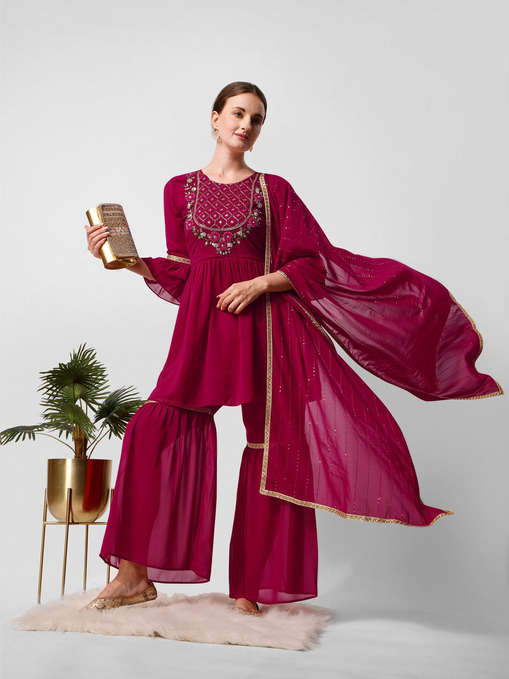 Hand Embroidered Kurta With Sharara And Dupatta Set, Multicolor - Hiral Fashion | Grocsy