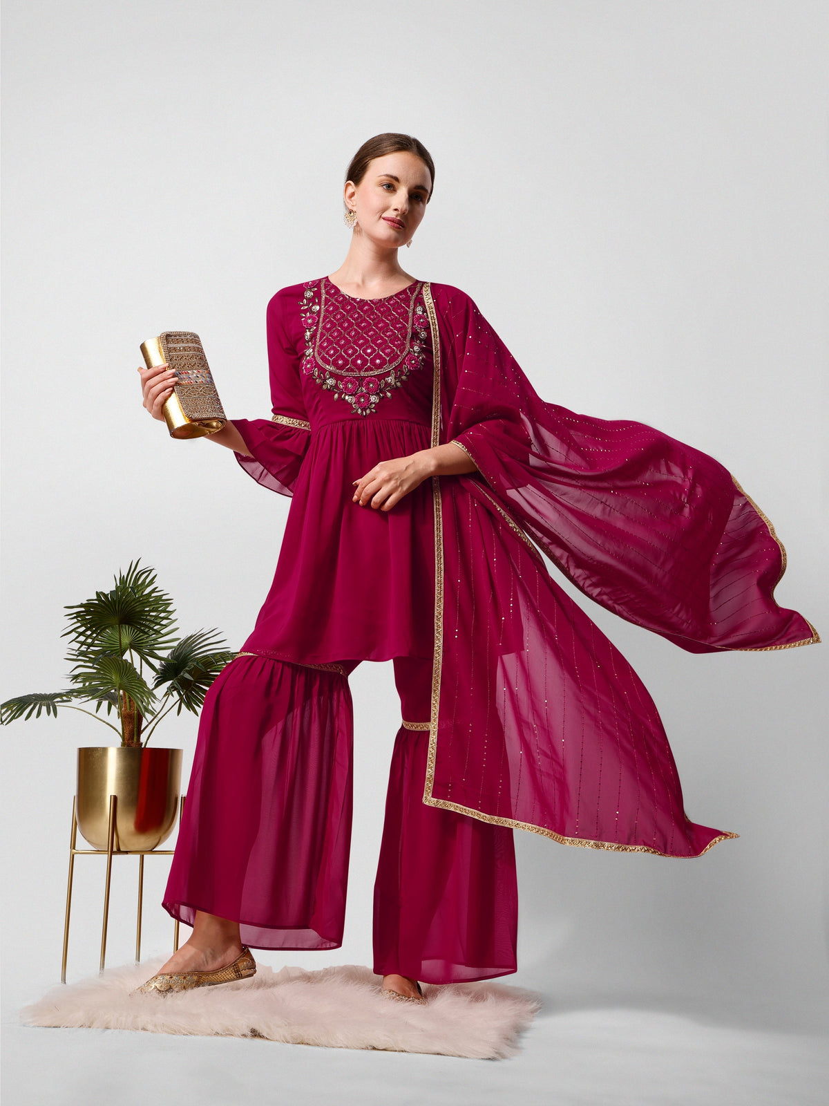 Hand Embroidered Kurta With Sharara And Dupatta Set, Multicolor - Hiral Fashion | Grocsy