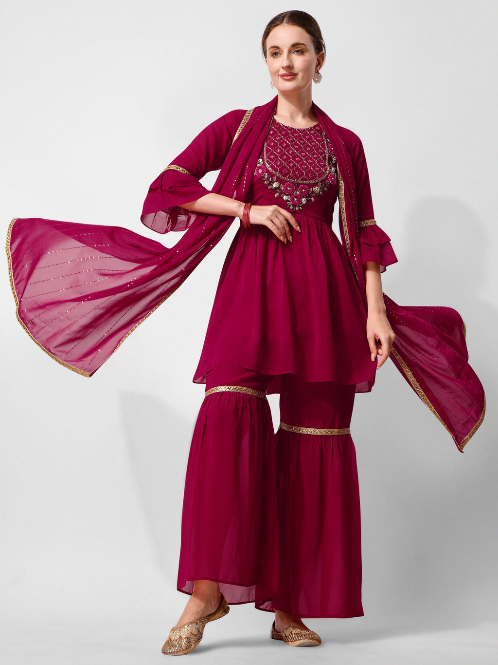 Hand Embroidered Kurta With Sharara And Dupatta Set, Multicolor - Hiral Fashion | Grocsy