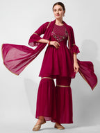 Hand Embroidered Kurta With Sharara And Dupatta Set, Multicolor - Hiral Fashion | Grocsy