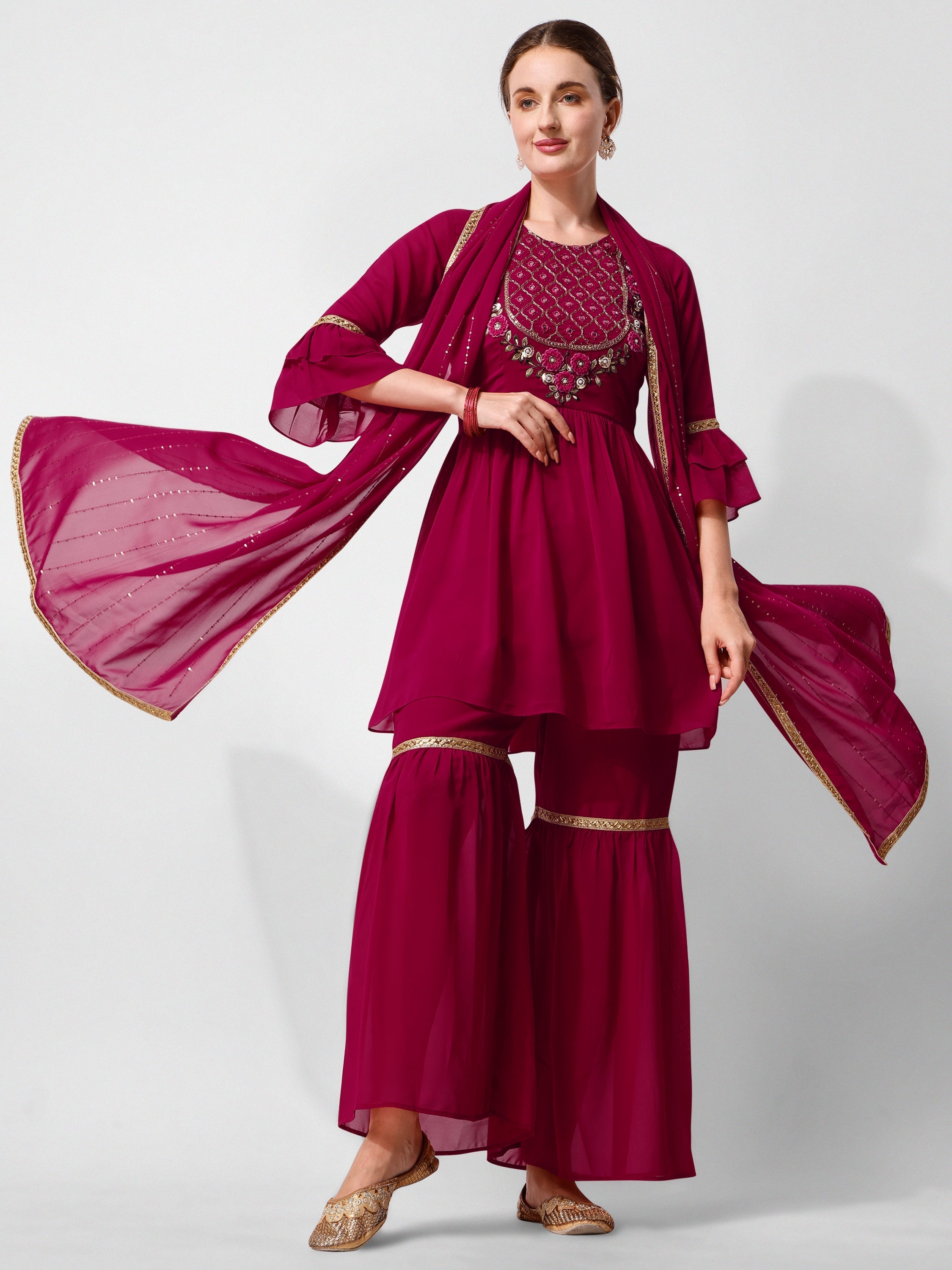 Hand Embroidered Kurta With Sharara And Dupatta Set, Multicolor - Hiral Fashion | Grocsy