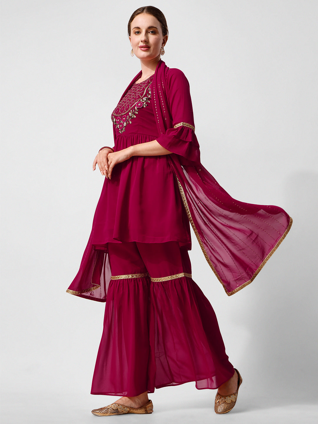 Hand Embroidered Kurta With Sharara And Dupatta Set, Multicolor - Hiral Fashion | Grocsy