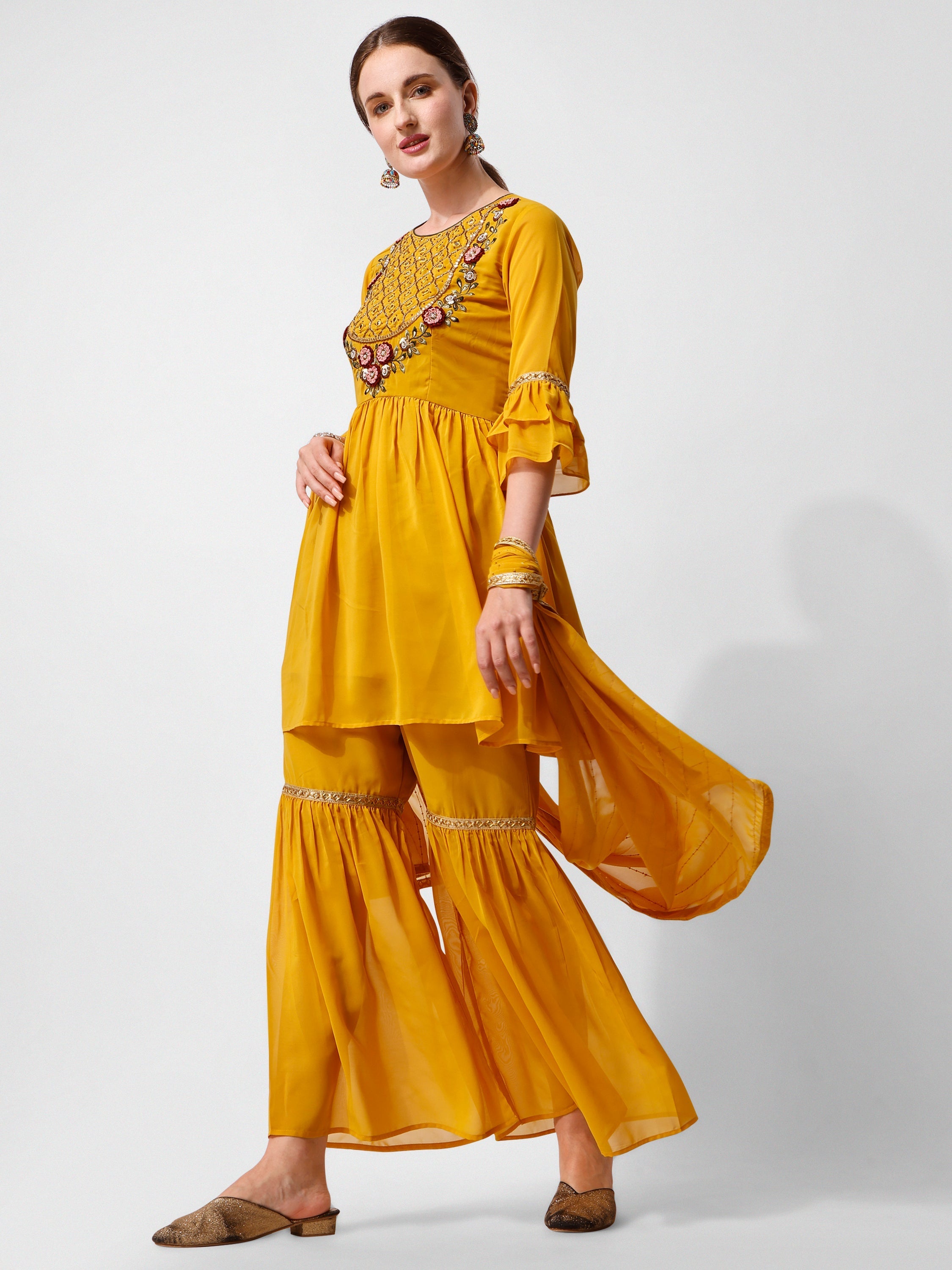 Hand Embroidered Kurta With Sharara And Dupatta Set, Multicolor - Hiral Fashion | Grocsy