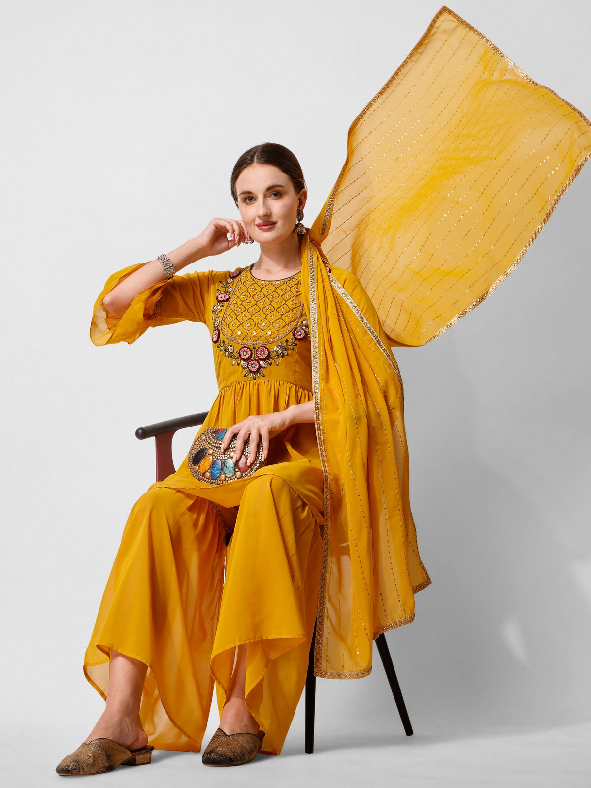 Hand Embroidered Kurta With Sharara And Dupatta Set, Multicolor - Hiral Fashion | Grocsy
