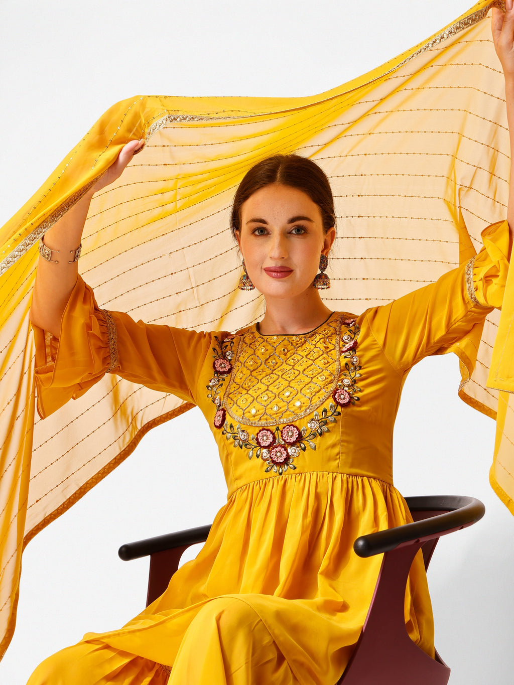 Hand Embroidered Kurta With Sharara And Dupatta Set, Multicolor - Hiral Fashion | Grocsy
