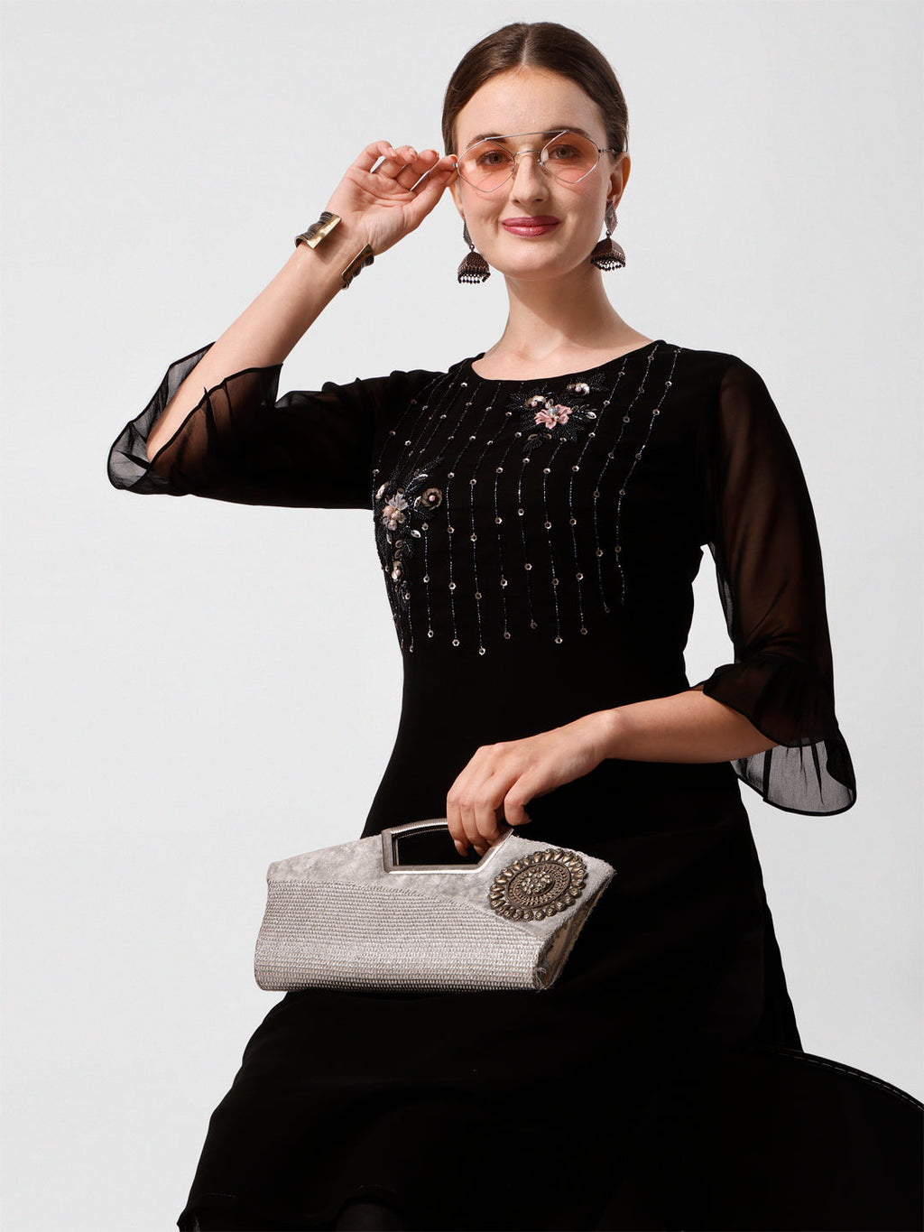 Georgette Black Kurta With Pant Set, Multicolor - Hiral Fashion | Grocsy