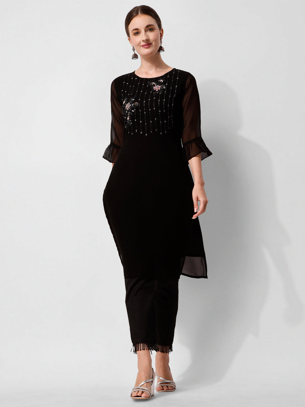 Georgette Black Kurta With Pant Set, Multicolor - Hiral Fashion | Grocsy