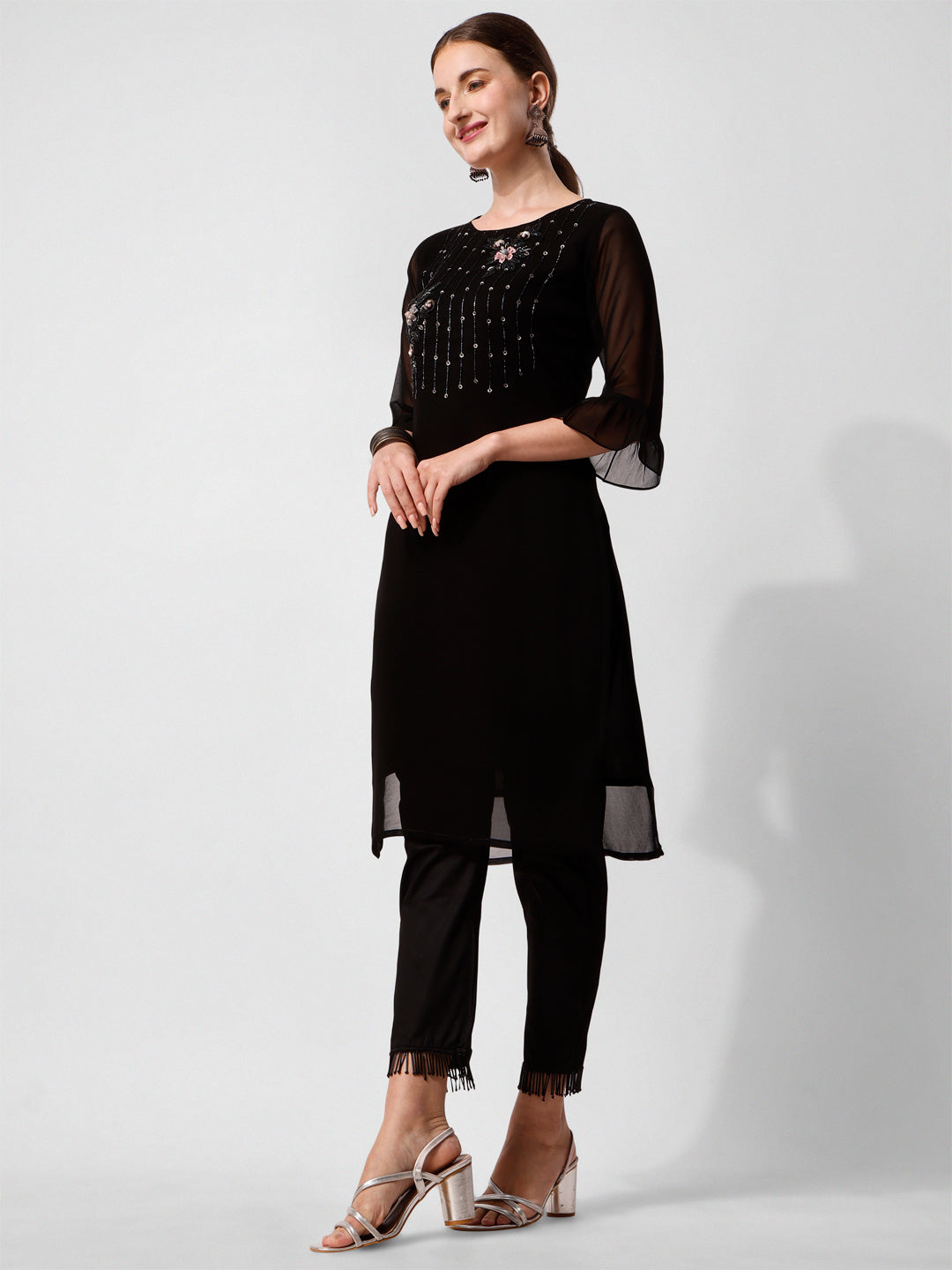 Georgette Black Kurta With Pant Set, Multicolor - Hiral Fashion | Grocsy