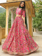 Janasya Pink Georgette Floral Lehenga Choli Dupatta | Grocsy