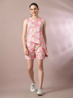 Myshka Women's Pink Printed Round Neck Party Top With Shorts Co-ord set | Grocsy