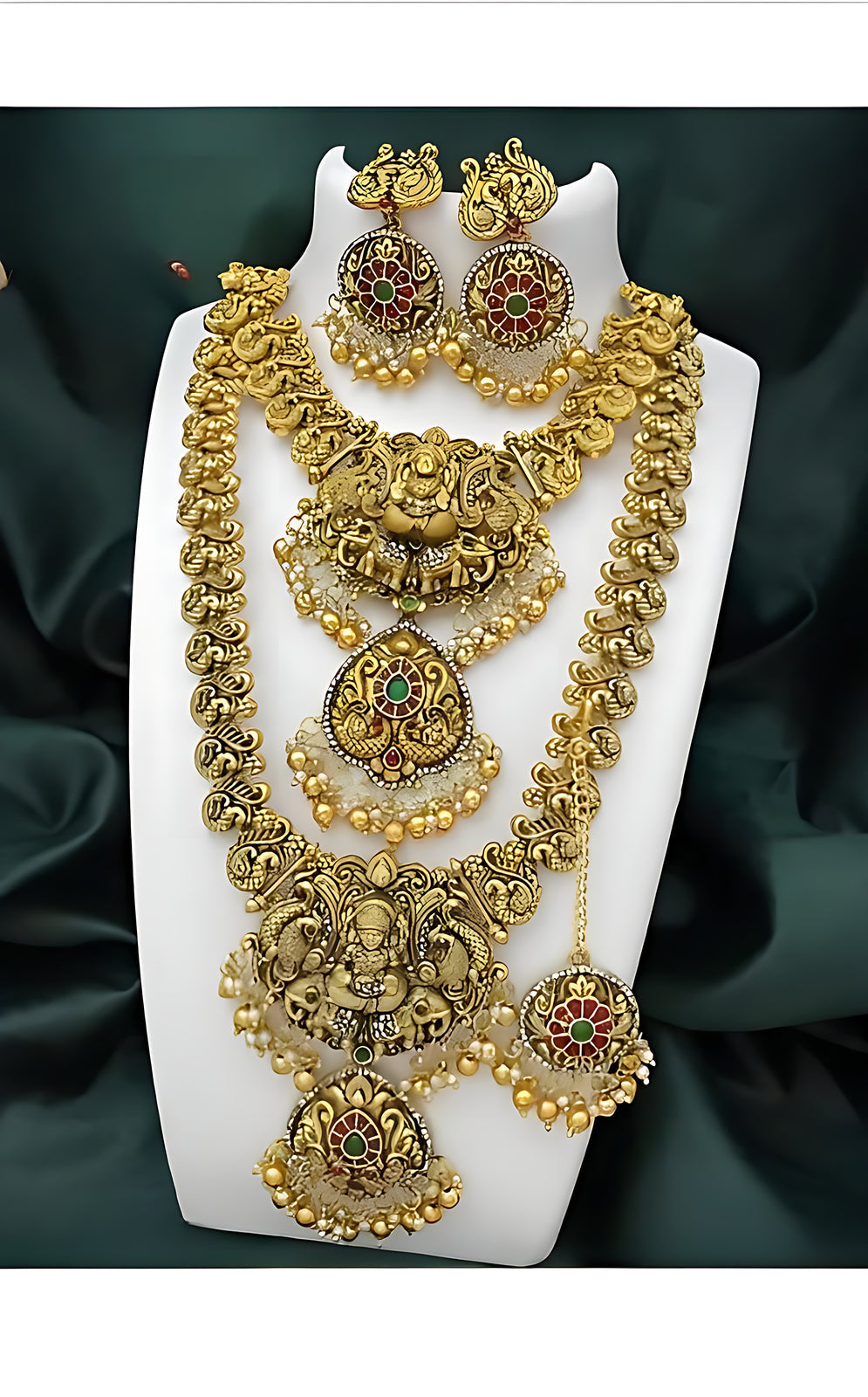 Jewel City Royal Temple Design Lakshmi Kaasu Mala Set with Chandbali Earrings & Tikka | Grocsy