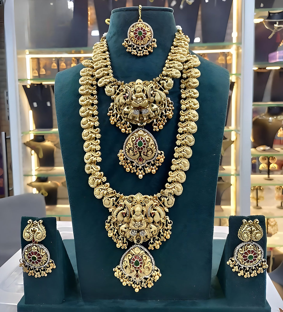 Jewel City Royal Temple Design Lakshmi Kaasu Mala Set with Chandbali Earrings & Tikka | Grocsy