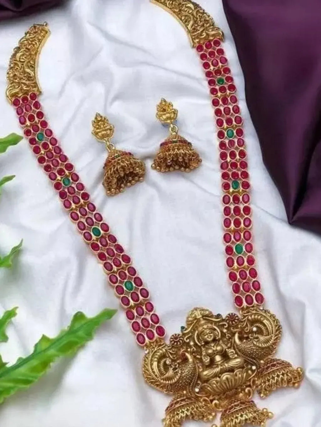 Jewel City Traditional Lakshmi Temple Jewellery Set - Antique Red Green Stone Long Necklace with Jhumka Earrings | Grocsy