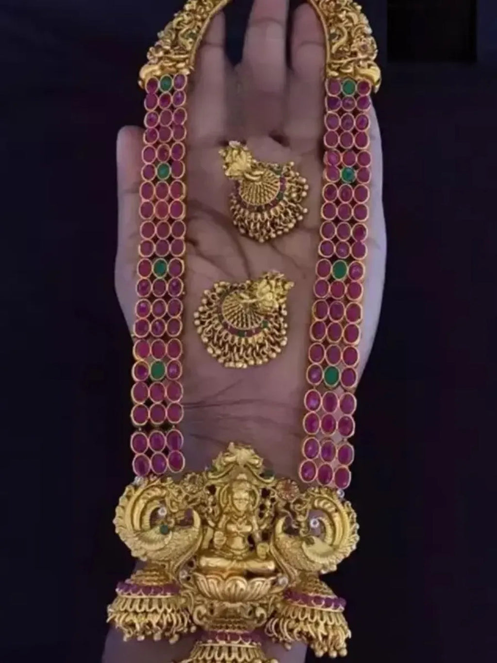 Jewel City Traditional Lakshmi Temple Jewellery Set - Antique Red Green Stone Long Necklace with Jhumka Earrings | Grocsy