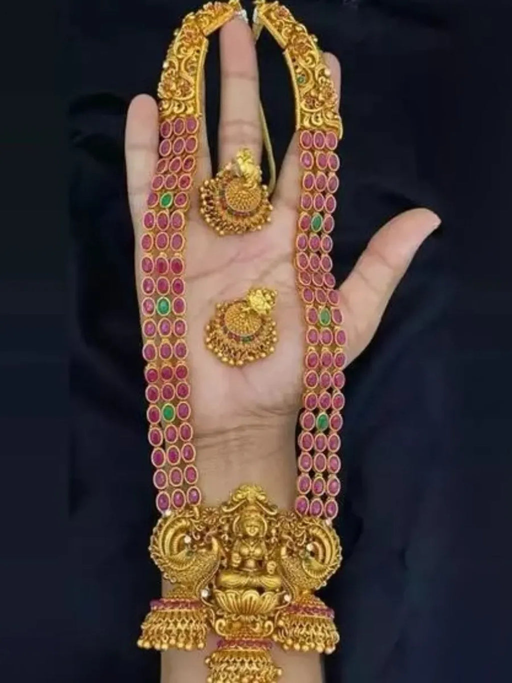 Jewel City Traditional Lakshmi Temple Jewellery Set - Antique Red Green Stone Long Necklace with Jhumka Earrings | Grocsy