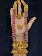 Jewel City Traditional Lakshmi Temple Jewellery Set - Antique Red Green Stone Long Necklace with Jhumka Earrings | Grocsy