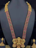 Jewel City Traditional Lakshmi Temple Jewellery Set - Antique Red Green Stone Long Necklace with Jhumka Earrings | Grocsy