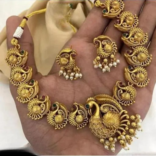 Jewel City Exquisite Gold Peacock Necklace Set with Pearl Accents | Grocsy