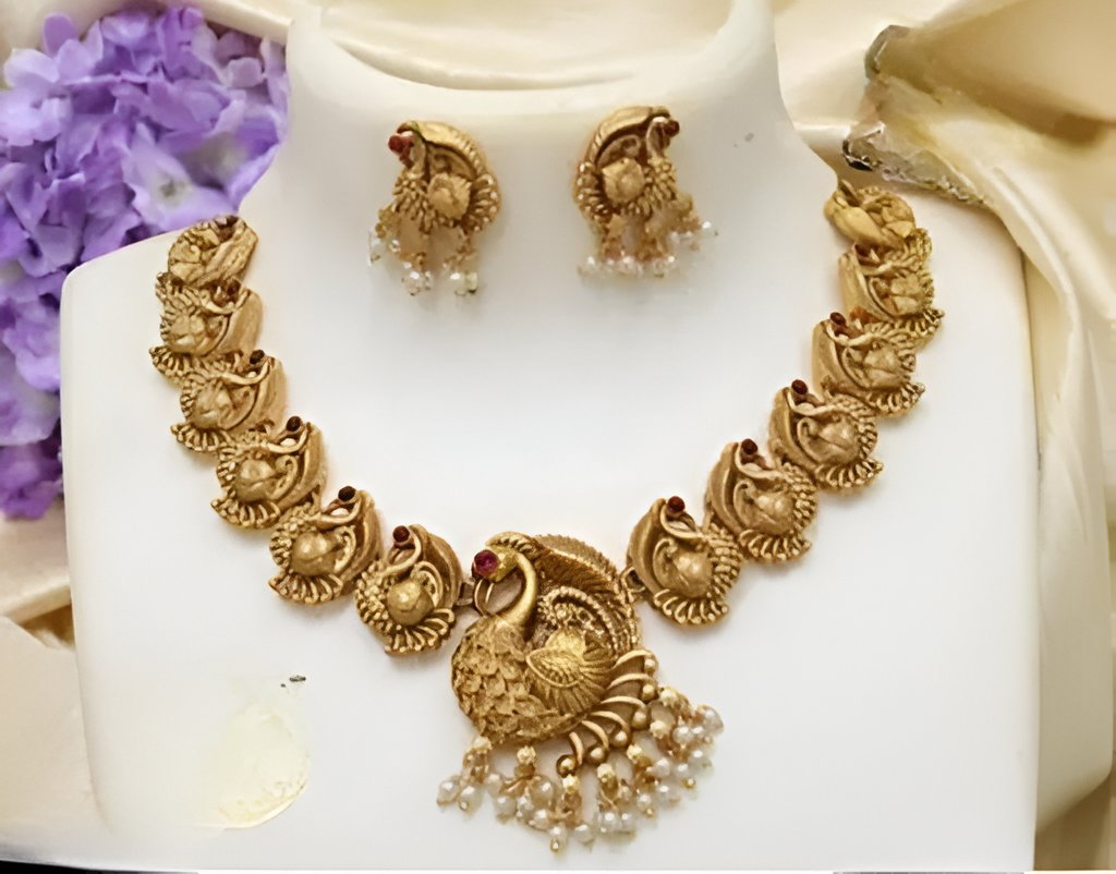 Jewel City Exquisite Gold Peacock Necklace Set with Pearl Accents | Grocsy