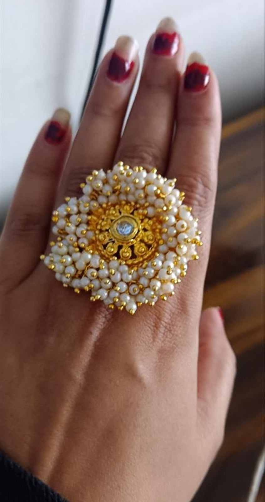 Jewel City Elegant Floral Pearl Statement Ring - Handcrafted Gold-Plated Traditional Indian Adjustable Ring | Grocsy