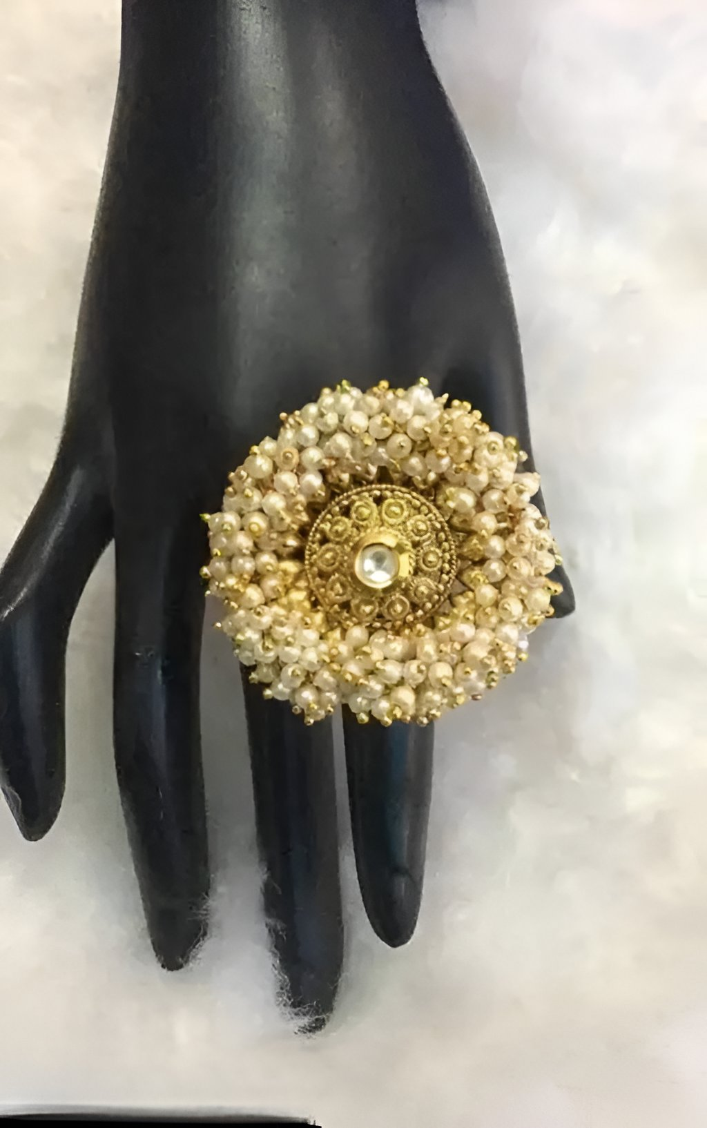 Jewel City Elegant Floral Pearl Statement Ring - Handcrafted Gold-Plated Traditional Indian Adjustable Ring | Grocsy