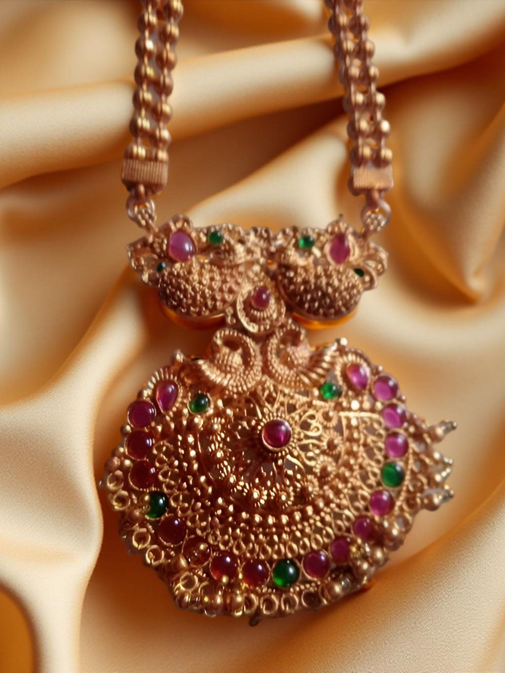 Jewel City Antique Gold-Plated Temple Necklace Set – Peacock & Kemp Stone Design | Grocsy