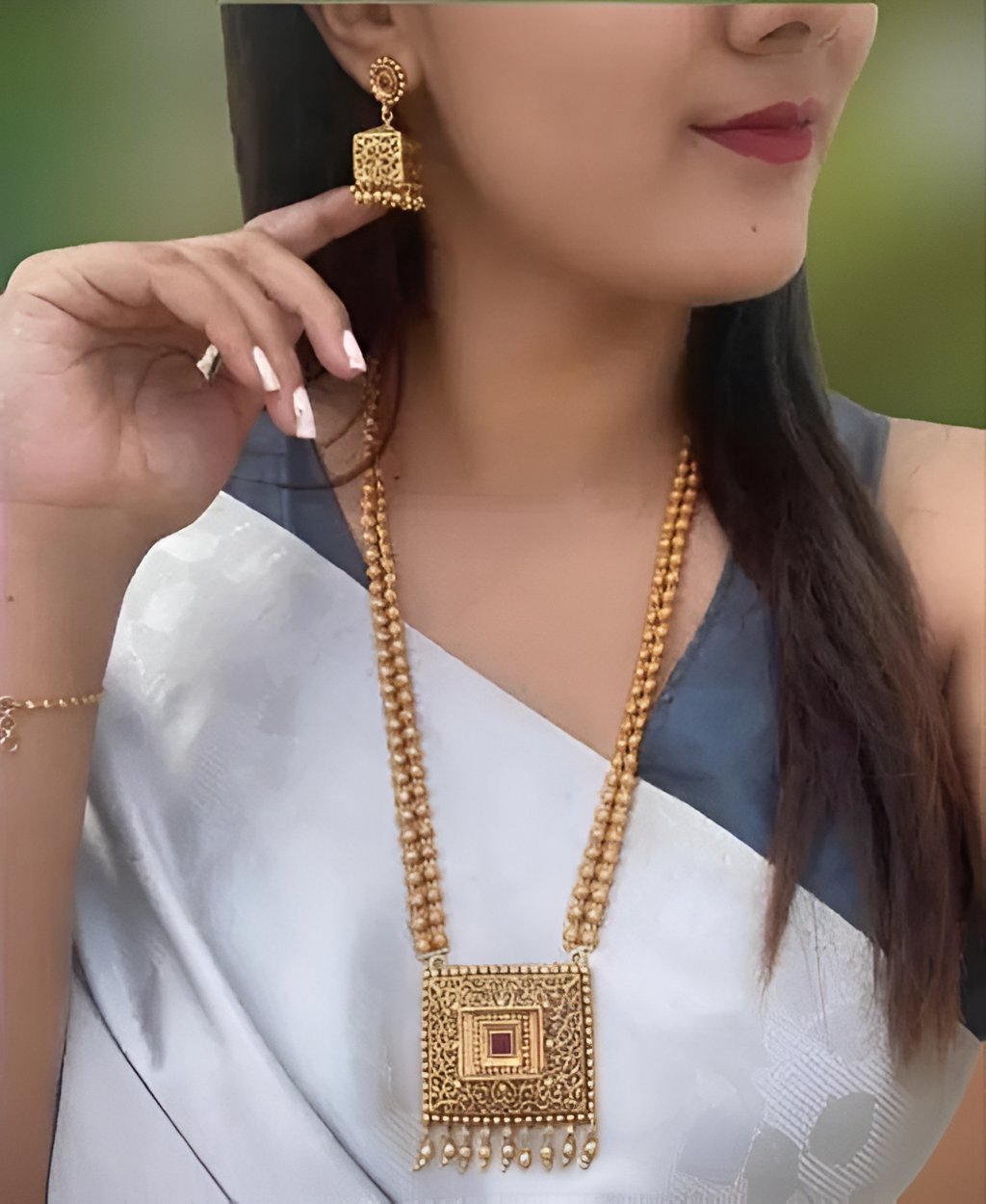 Jewel City Antique Gold-Plated Filigree Necklace Set – Traditional Long Haram with Ruby Accent | Grocsy