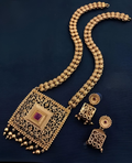 Jewel City Antique Gold-Plated Filigree Necklace Set – Traditional Long Haram with Ruby Accent | Grocsy