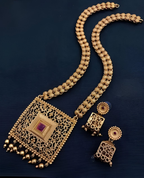 Jewel City Antique Gold-Plated Filigree Necklace Set – Traditional Long Haram with Ruby Accent | Grocsy