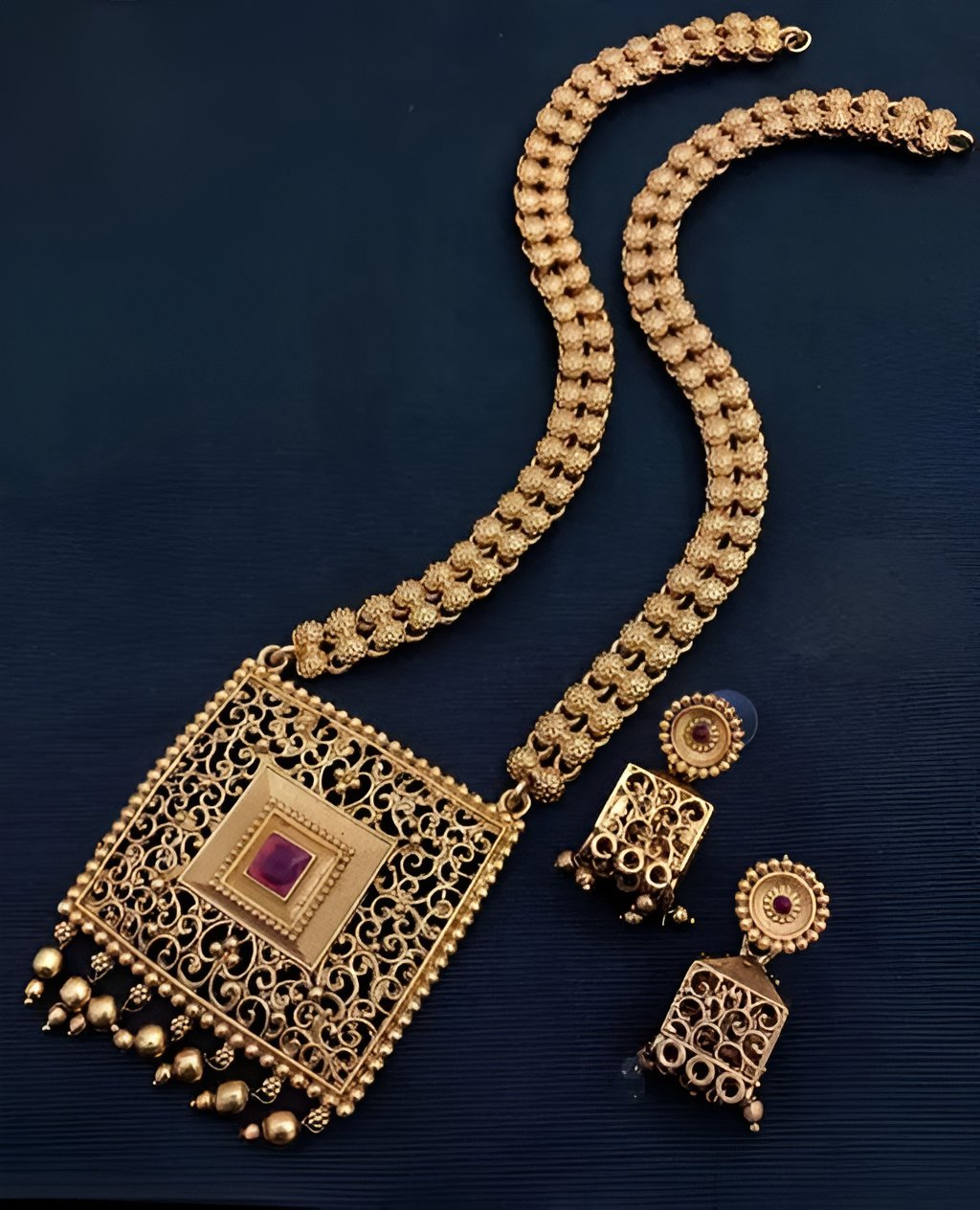 Jewel City Antique Gold-Plated Filigree Necklace Set – Traditional Long Haram with Ruby Accent | Grocsy