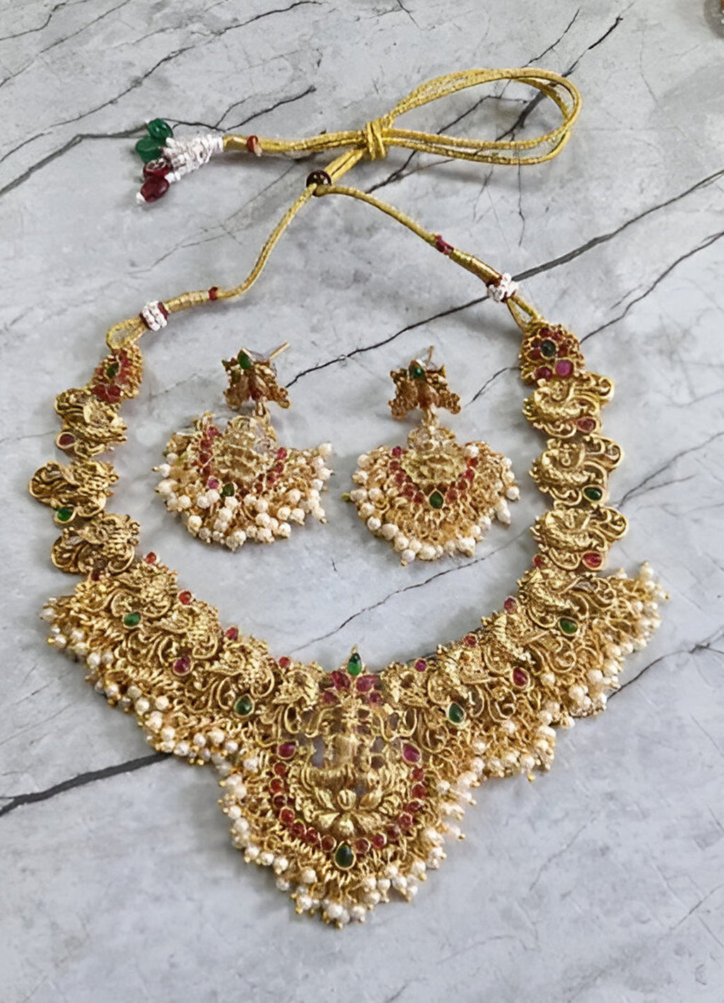 Jewel City Traditional Lakshmi Temple Necklace Set – Gold-Plated Bridal Jewelry with Pearls & Kemp Stones | Grocsy