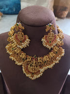 Jewel City Traditional Lakshmi Temple Necklace Set – Gold-Plated Bridal Jewelry with Pearls & Kemp Stones | Grocsy