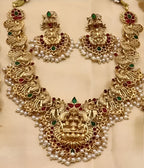 Jewel City Traditional Lakshmi Temple Necklace Set – Gold-Plated Bridal Jewelry with Pearls & Kemp Stones | Grocsy