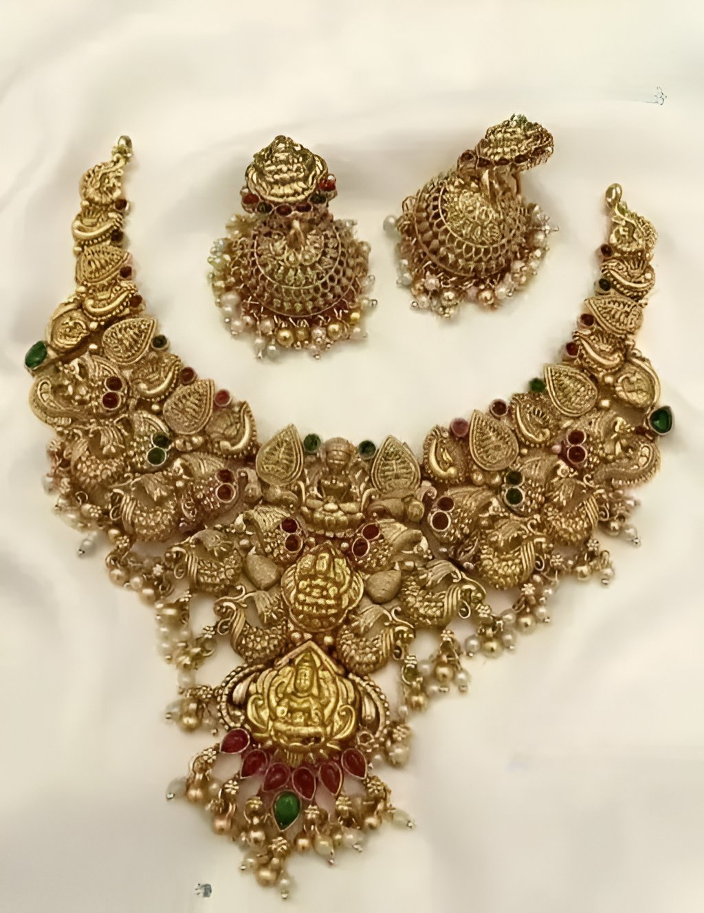 Jewel City Bridal Temple Jewelry Set – Gold-Plated Goddess Lakshmi Necklace with Jhumkas | Grocsy