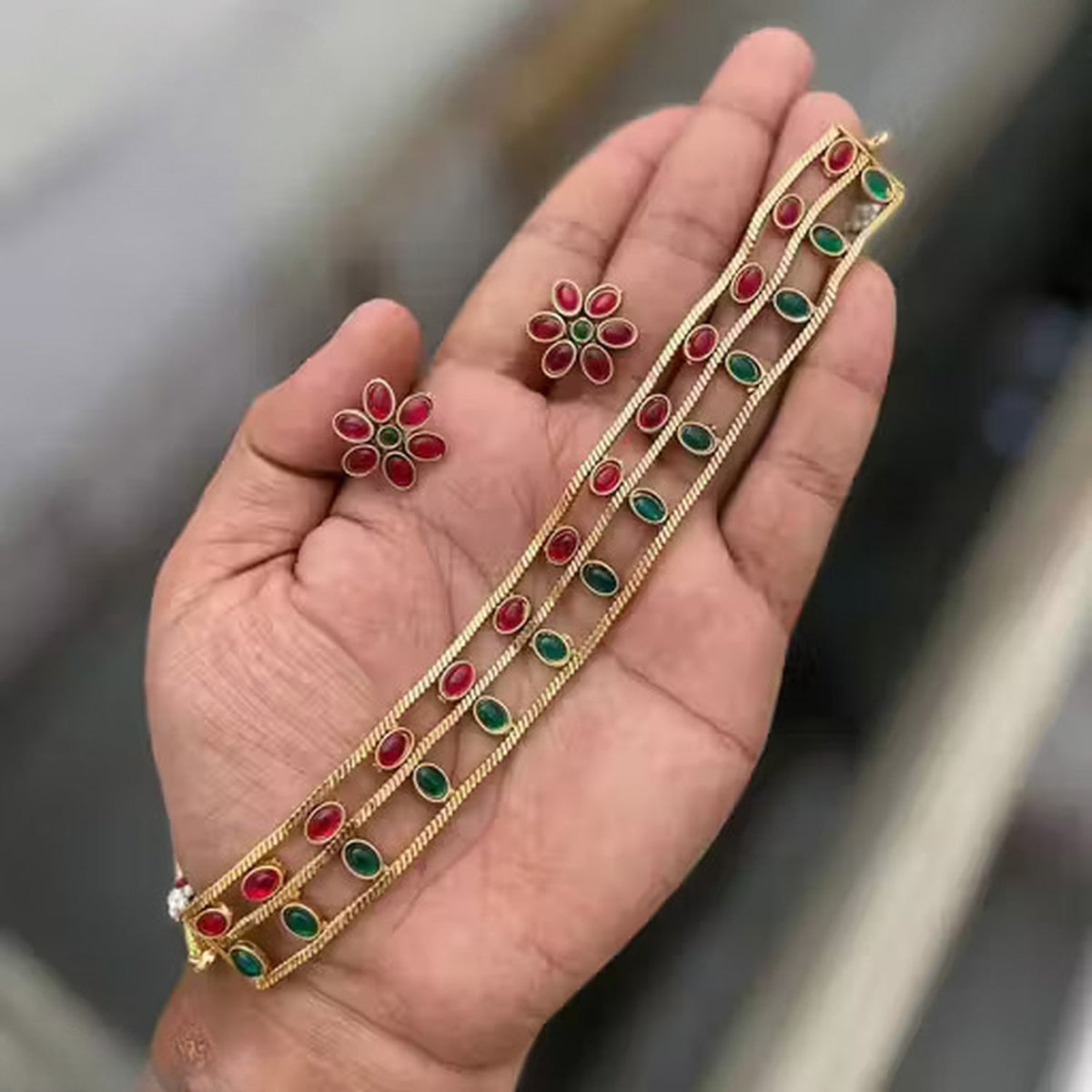 Jewel City Traditional Handcrafted Gold-Plated Red & Green Stone Choker Necklace Set – Ethnic Jewelry | Grocsy