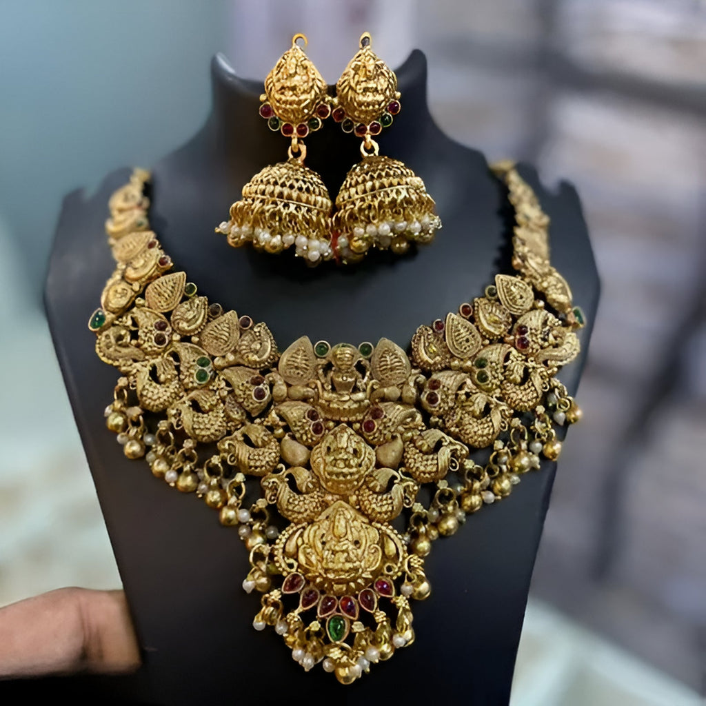Jewel City Bridal Temple Jewelry Set – Gold-Plated Goddess Lakshmi Necklace with Jhumkas | Grocsy