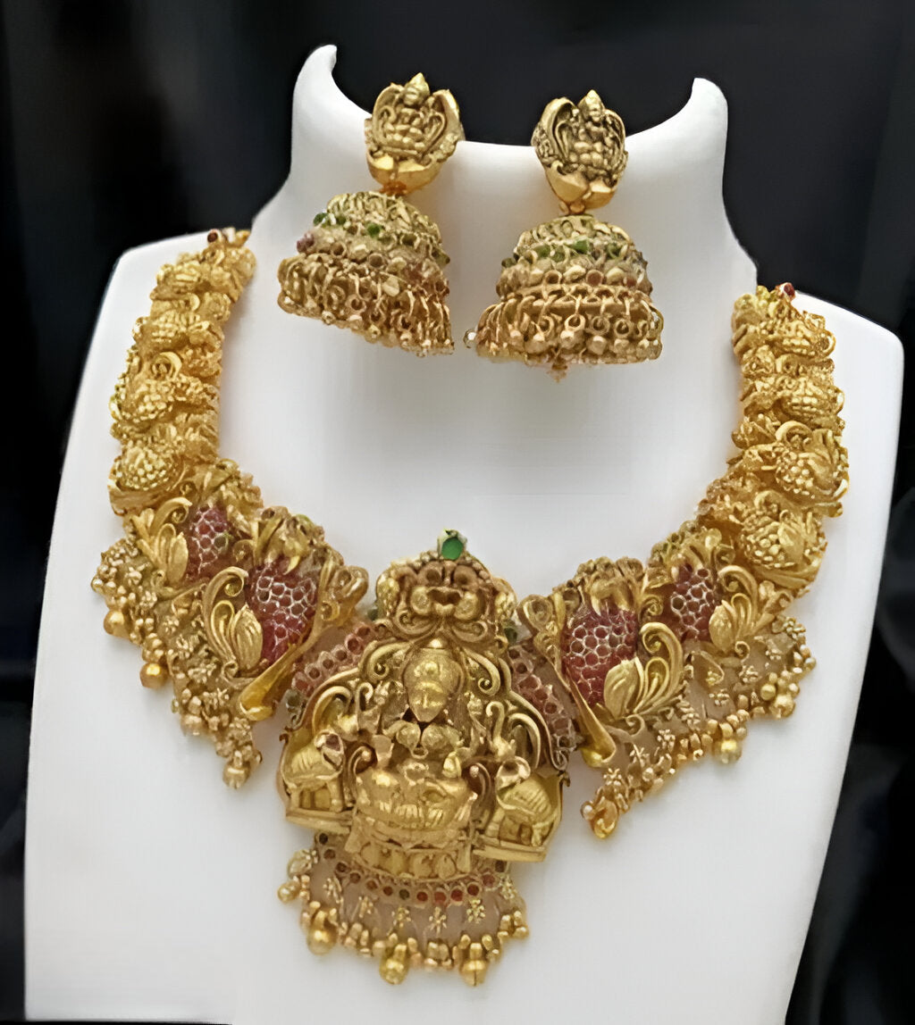 Jewel City Bridal Lakshmi Temple Necklace Set – Gold-Plated Ethnic Jewelry with Jhumka Earrings | Grocsy