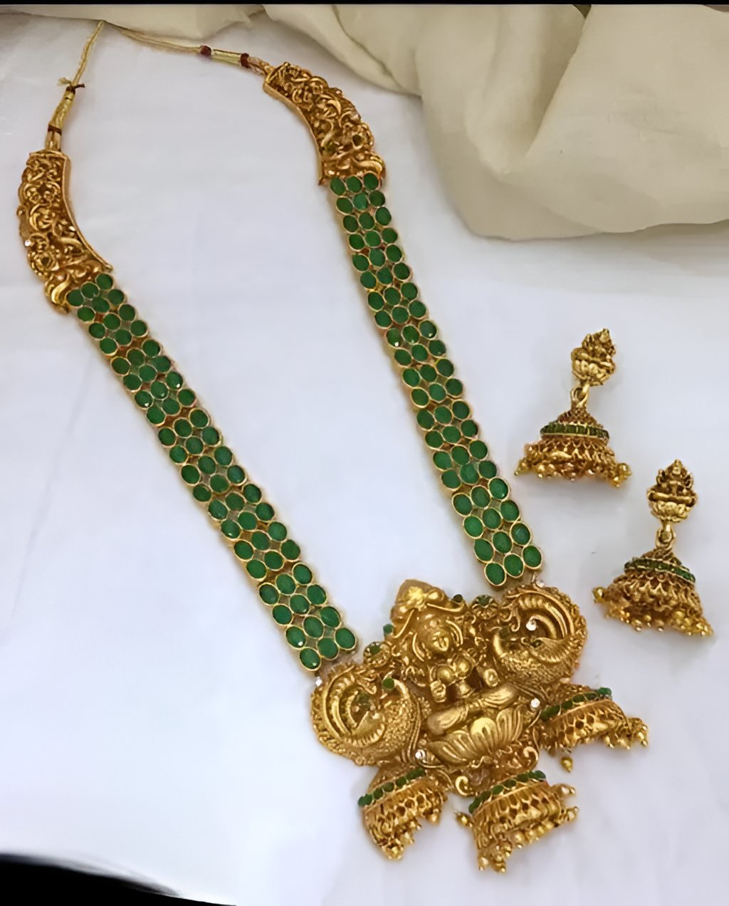 Jewel City Lakshmi Temple Haaram Necklace Set – Gold-Plated with Green Stones | Grocsy