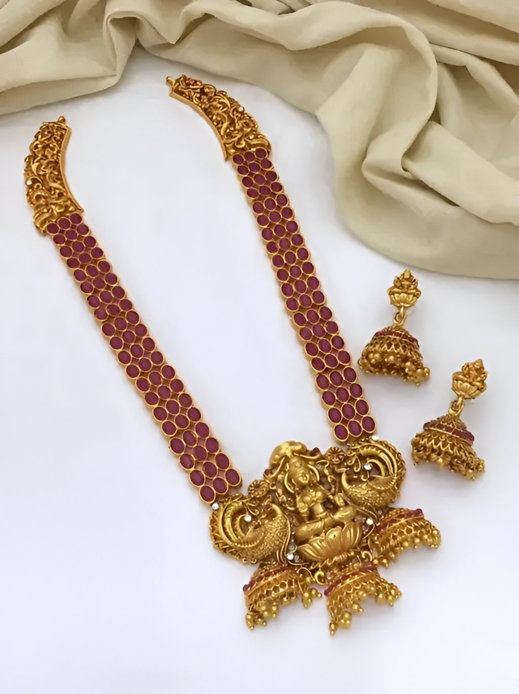 Jewel City Lakshmi Temple Haaram Necklace Set – Gold-Plated with Red Stones | Grocsy