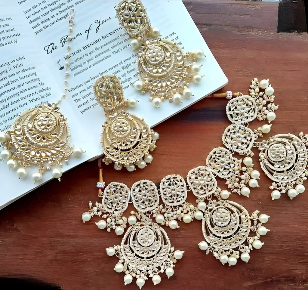 Jewel City Luxurious Pearl Gold-Plated Kundan Choker Necklace Set with Earrings & Maang Tikka-Traditional Indian Bridal Jewelry | Grocsy